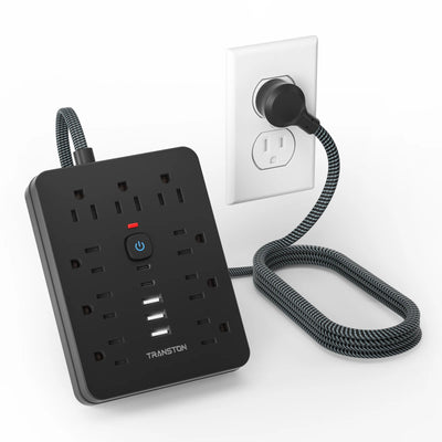 TRANSTON   power strip surge protector with 9 Ac Outlets,3 USB & 2 USB-C,5ft Cable,Weaving thread,45° tilt plug,Black