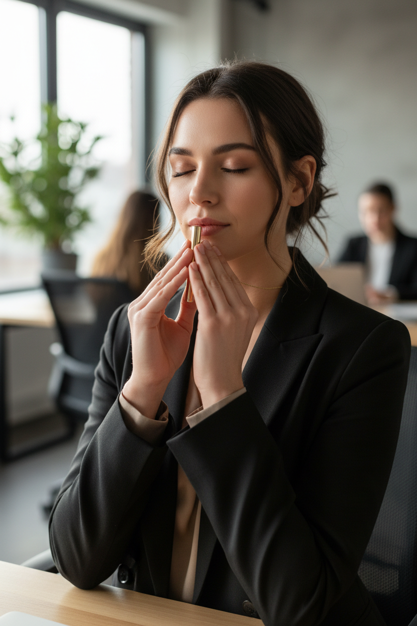 Close up shot of a stressed young professional woman in a modern office, holding a minimalist gold cylinder necklace to her lips, eyes closed, deep breathing, calm expression, natural office lighting, cinematic depth of field, high end photography, captured on Sony A7R IV --ar 4:5
